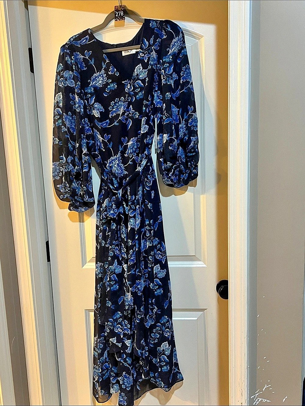 Eliza J Floral Long Sleeve Ruffle Chiffon Dress Maxi Dress Black & Blue 16W H278